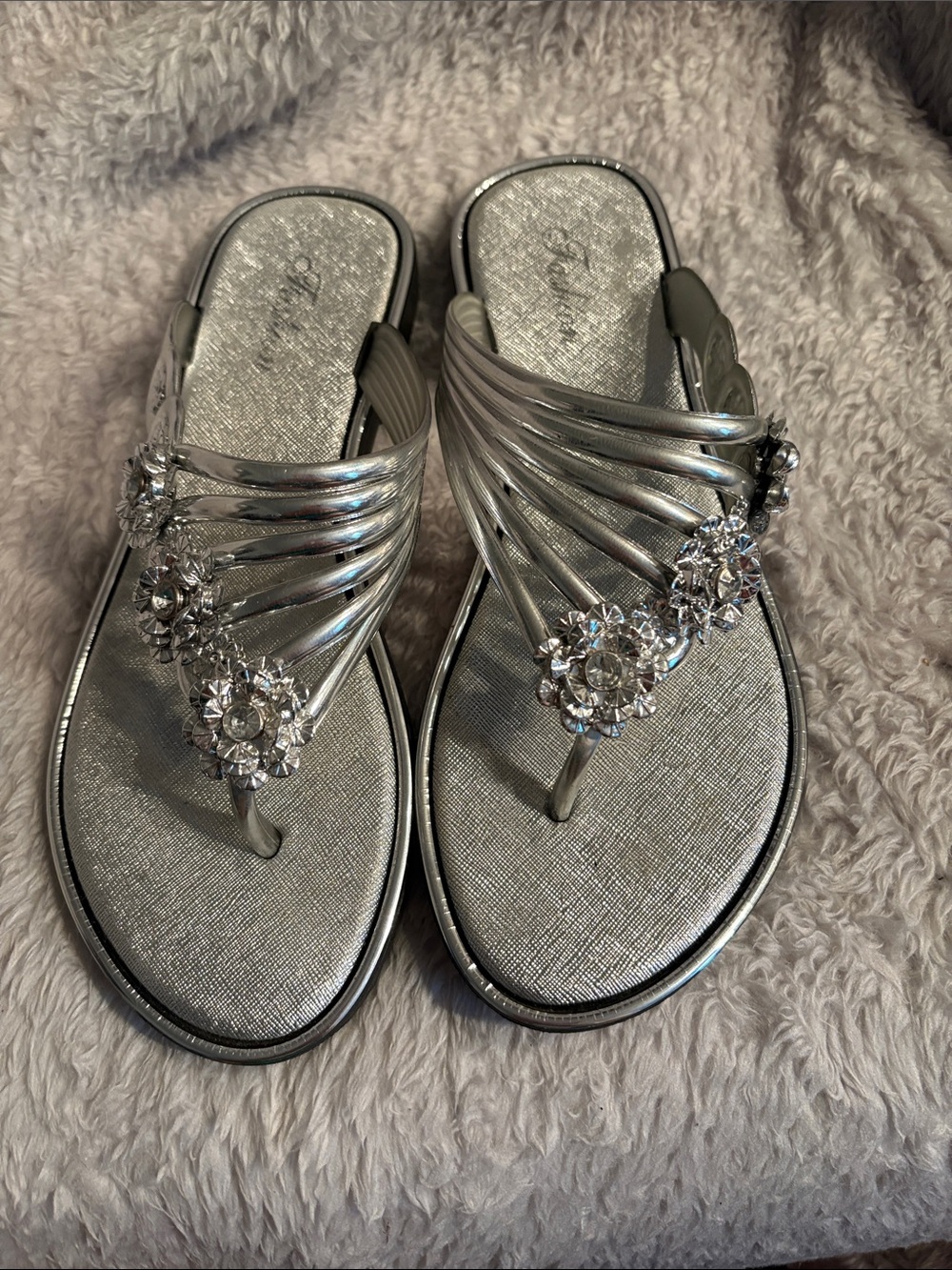 Women's Silver Jeweled Thong Sandals - Sparkling Slip-On